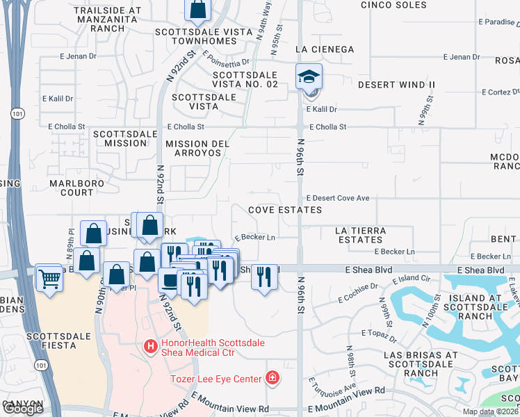 map of restaurants, bars, coffee shops, grocery stores, and more near 9450 East Becker Lane in Scottsdale