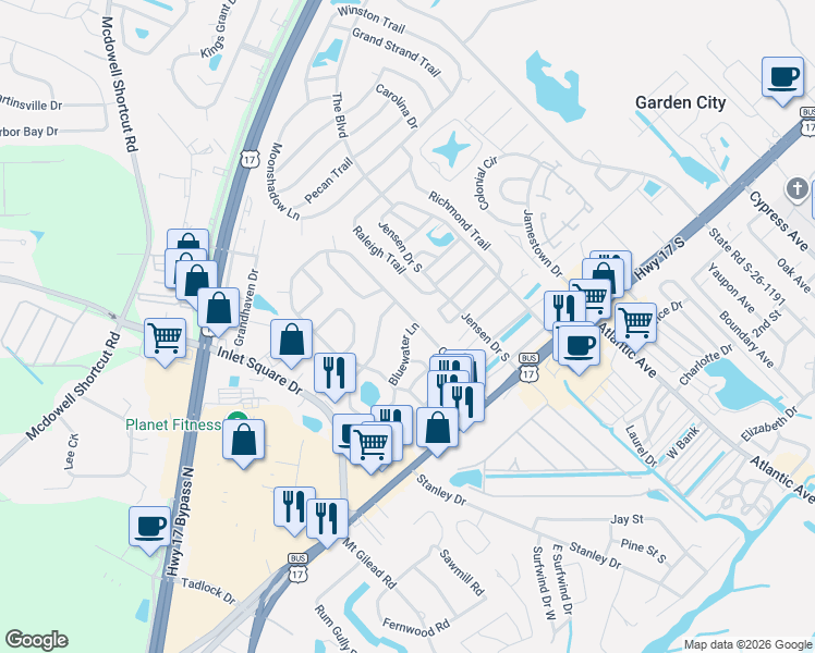 map of restaurants, bars, coffee shops, grocery stores, and more near 11 Ocean Reef Lane in Murrells Inlet