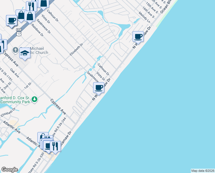 map of restaurants, bars, coffee shops, grocery stores, and more near 1120 North Waccamaw Drive in Murrells Inlet