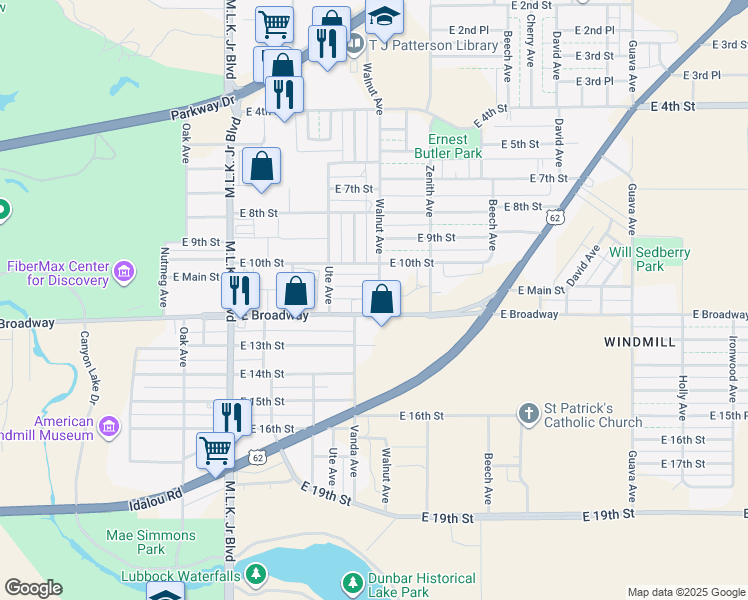 map of restaurants, bars, coffee shops, grocery stores, and more near 2119 East Broadway in Lubbock