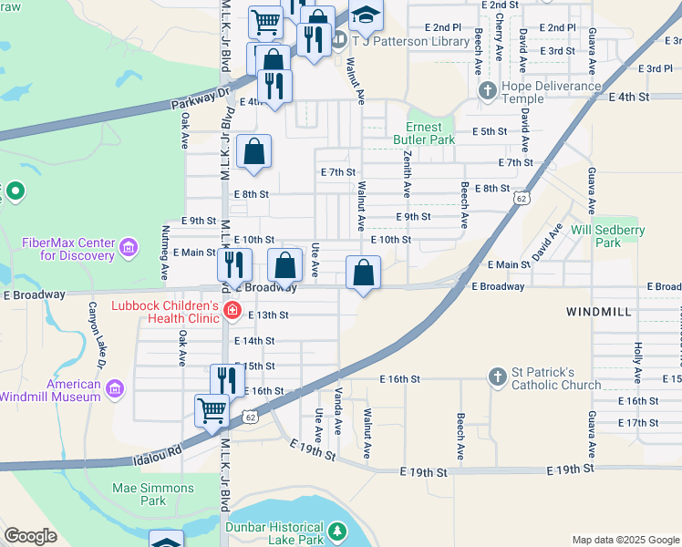 map of restaurants, bars, coffee shops, grocery stores, and more near 2119 East Broadway in Lubbock