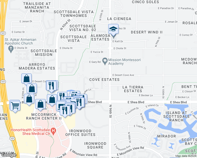 map of restaurants, bars, coffee shops, grocery stores, and more near 9494 East Becker Lane in Scottsdale