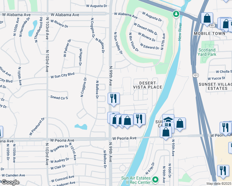 map of restaurants, bars, coffee shops, grocery stores, and more near 9847 North 99th Avenue in Peoria
