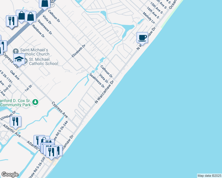 map of restaurants, bars, coffee shops, grocery stores, and more near 1120 North Waccamaw Drive in Murrells Inlet