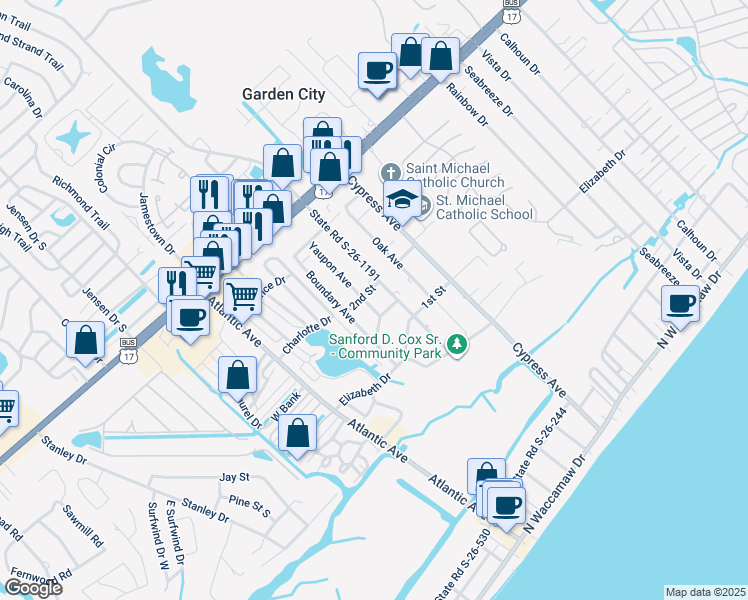 map of restaurants, bars, coffee shops, grocery stores, and more near 429 Yaupon Avenue in Murrells Inlet