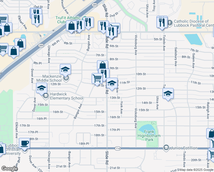 map of restaurants, bars, coffee shops, grocery stores, and more near Slide Rd & 11th St in Lubbock