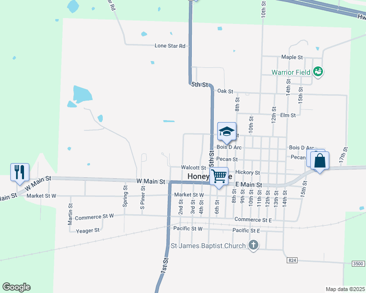 map of restaurants, bars, coffee shops, grocery stores, and more near 711 2nd Street in Honey Grove