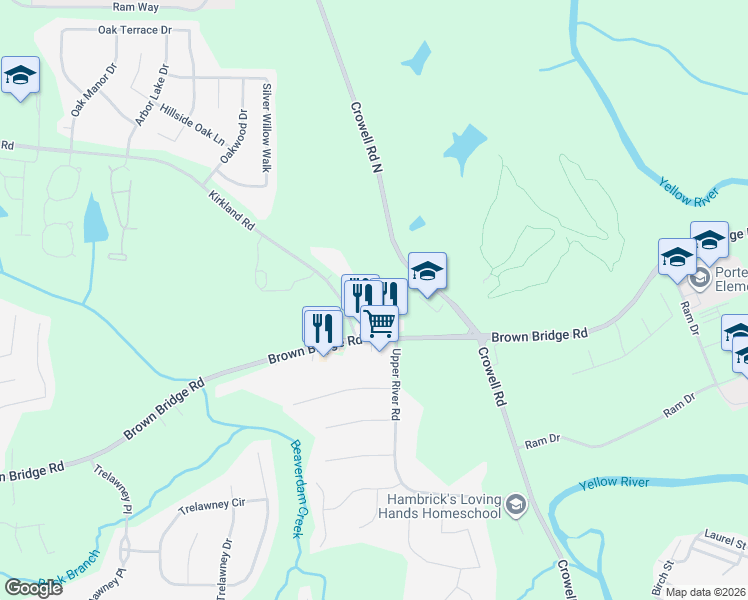 map of restaurants, bars, coffee shops, grocery stores, and more near 11368 Brown Bridge Road in Covington
