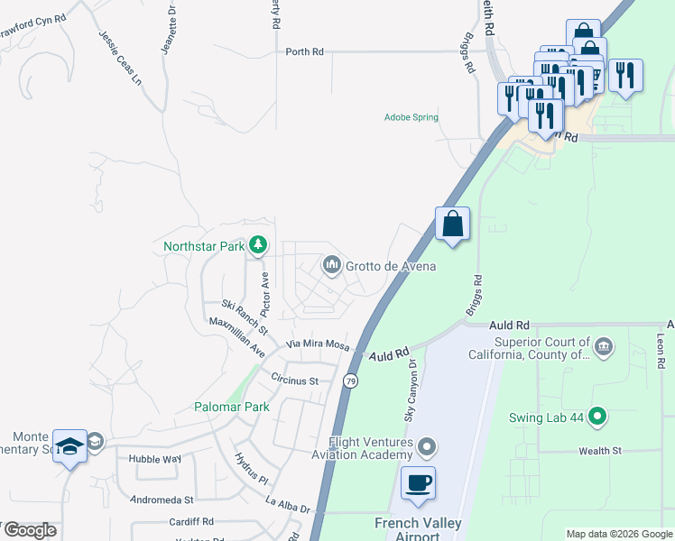 map of restaurants, bars, coffee shops, grocery stores, and more near 30341 Wild Oat Street in Murrieta