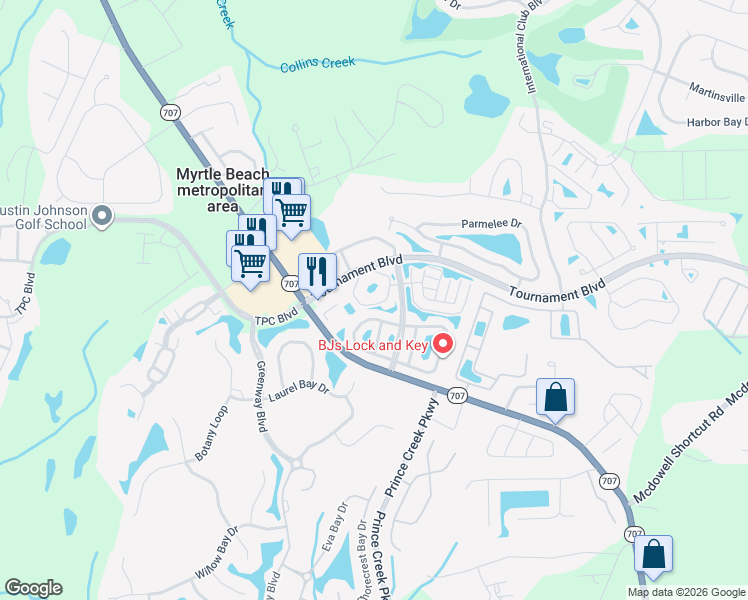 map of restaurants, bars, coffee shops, grocery stores, and more near 745 Wilshire Lane in Murrells Inlet