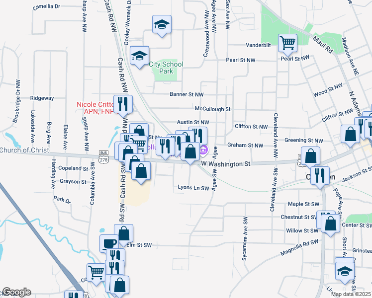 map of restaurants, bars, coffee shops, grocery stores, and more near 145 Jefferson Drive Northwest in Camden