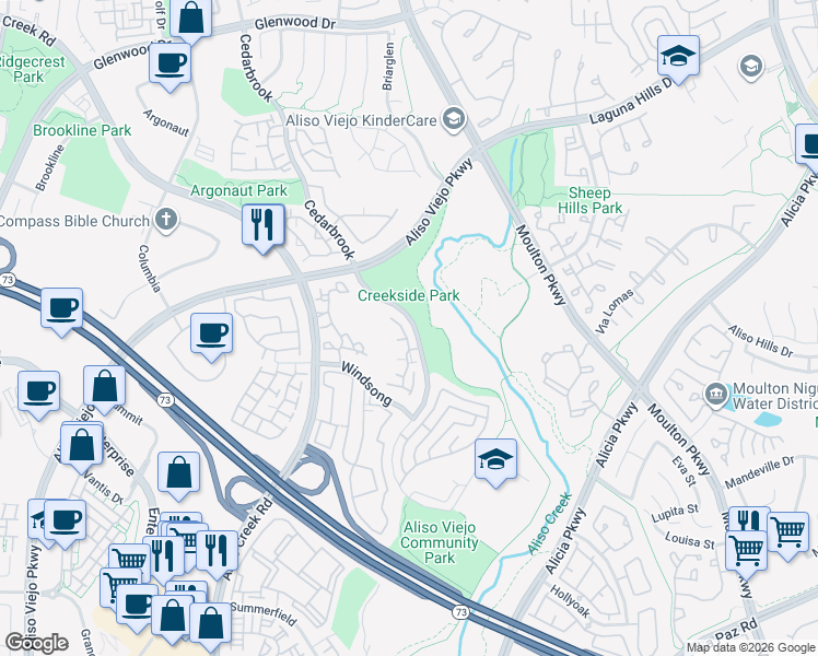 map of restaurants, bars, coffee shops, grocery stores, and more near 22 Cloudcrest in Aliso Viejo