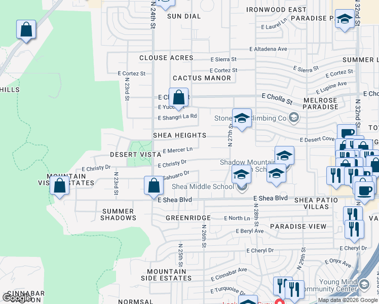 map of restaurants, bars, coffee shops, grocery stores, and more near 2525 East Christy Drive in Phoenix