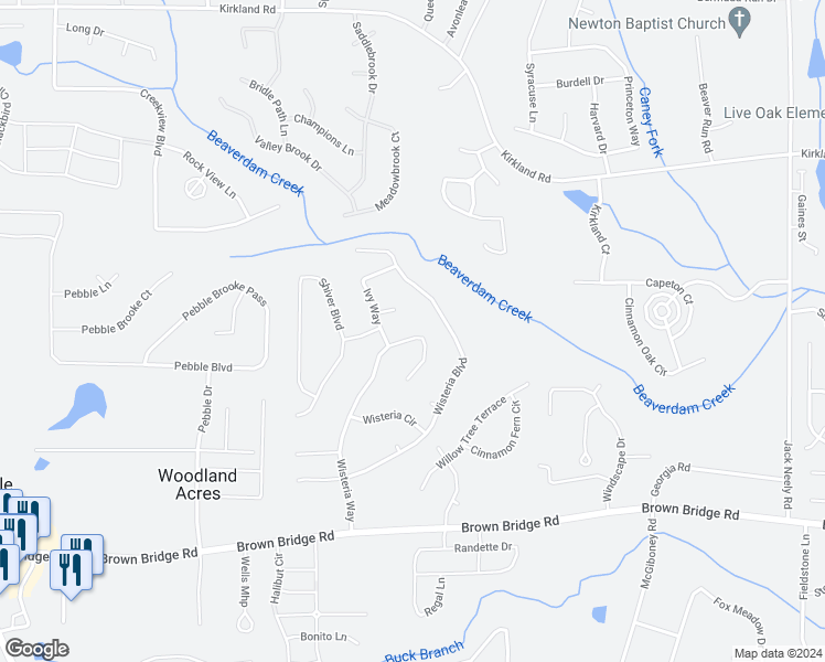 map of restaurants, bars, coffee shops, grocery stores, and more near 215 Wisteria Way in Covington