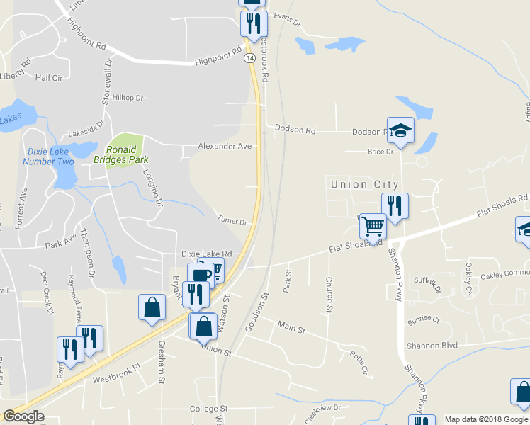 map of restaurants, bars, coffee shops, grocery stores, and more near Westbrook Street in Union City