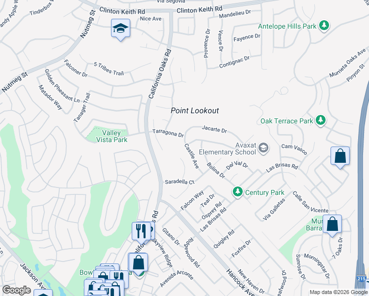 map of restaurants, bars, coffee shops, grocery stores, and more near 39733 Castile Avenue in Murrieta