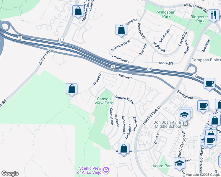 map of restaurants, bars, coffee shops, grocery stores, and more near 36 Baneberry in Aliso Viejo