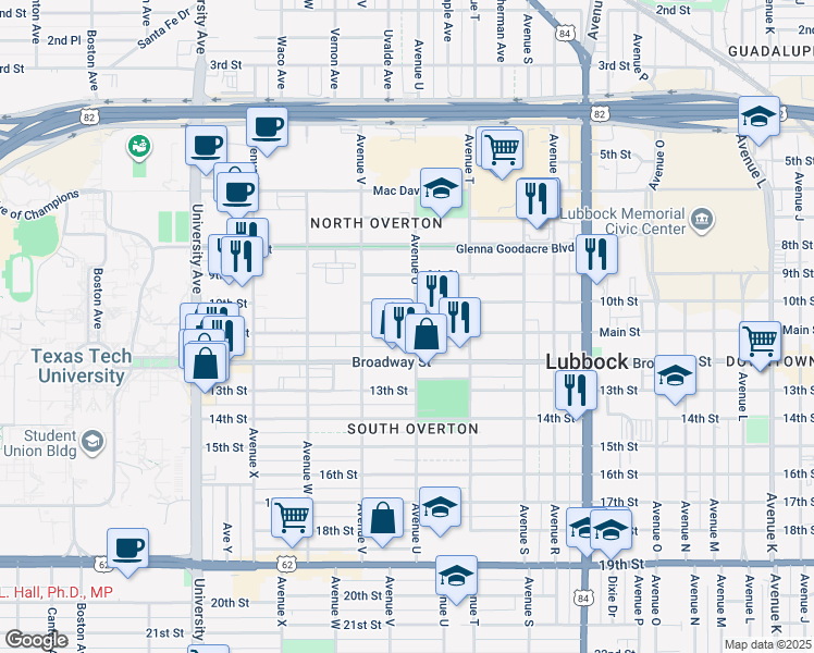 map of restaurants, bars, coffee shops, grocery stores, and more near 2101 Main Street in Lubbock