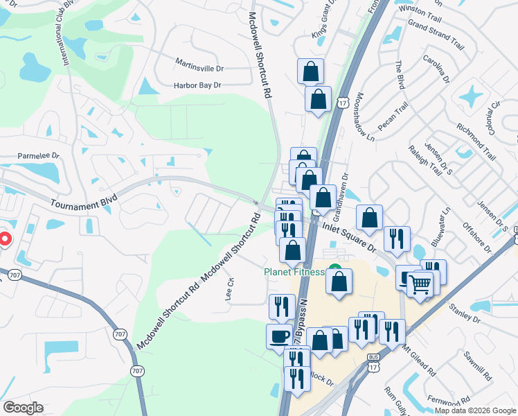 map of restaurants, bars, coffee shops, grocery stores, and more near 11102 Mcdowell Shortcut Road in Murrells Inlet