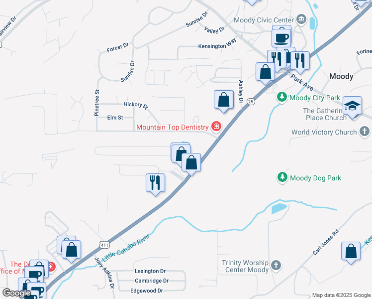 map of restaurants, bars, coffee shops, grocery stores, and more near 2615 Moody Parkway in Moody