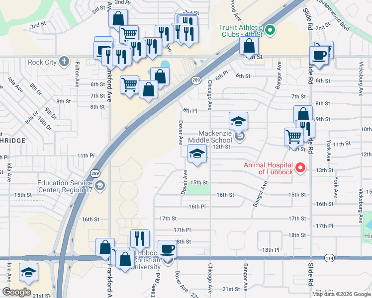map of restaurants, bars, coffee shops, grocery stores, and more near 5514 13th Street in Lubbock