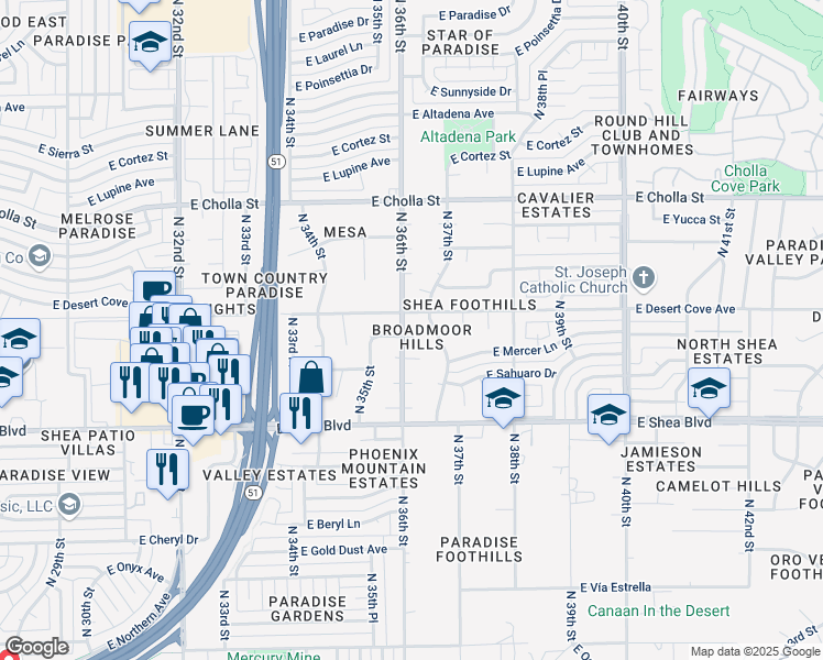 map of restaurants, bars, coffee shops, grocery stores, and more near 3616 East Mercer Lane in Phoenix
