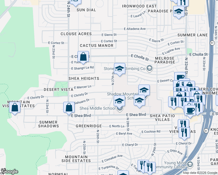 map of restaurants, bars, coffee shops, grocery stores, and more near 2631 East Christy Drive in Phoenix