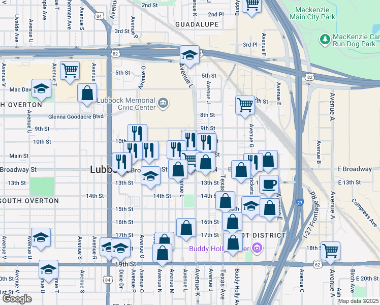 map of restaurants, bars, coffee shops, grocery stores, and more near 1212 Main Street in Lubbock