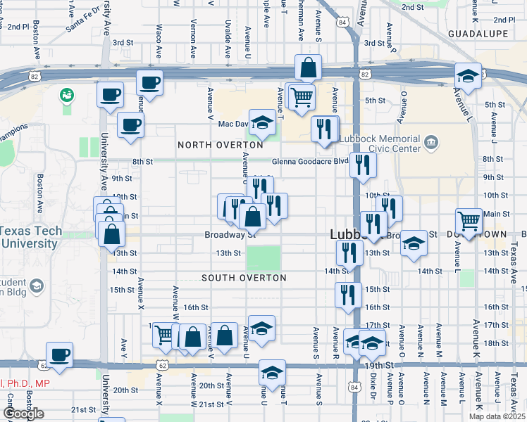 map of restaurants, bars, coffee shops, grocery stores, and more near 2007 Main Street in Lubbock