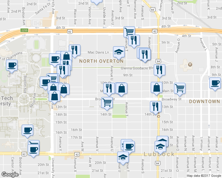map of restaurants, bars, coffee shops, grocery stores, and more near 2101 Main Street in Lubbock