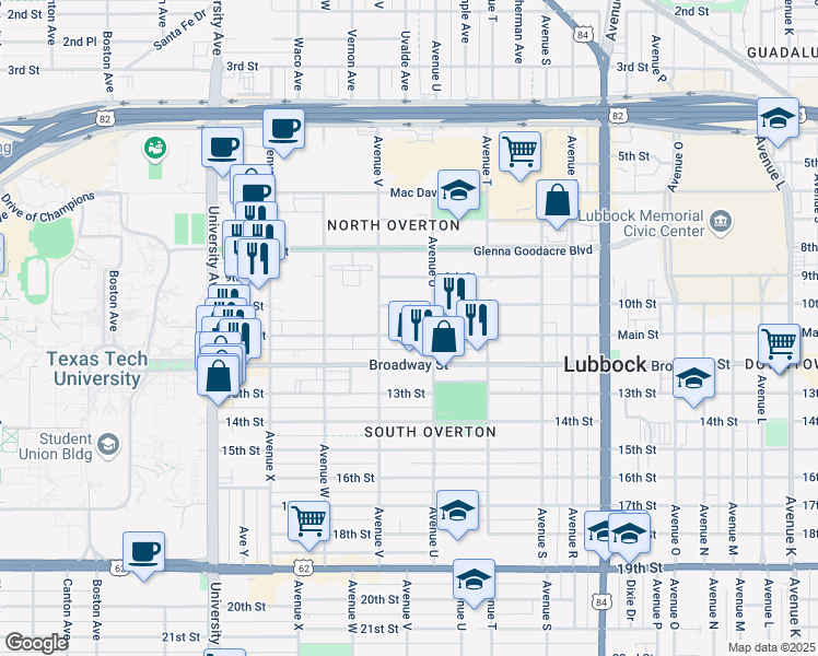 map of restaurants, bars, coffee shops, grocery stores, and more near 2118 Broadway Street in Lubbock