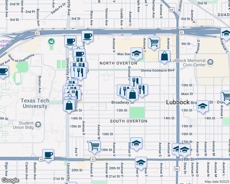 map of restaurants, bars, coffee shops, grocery stores, and more near 2118 Broadway Street in Lubbock