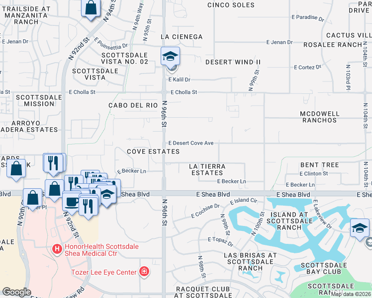 map of restaurants, bars, coffee shops, grocery stores, and more near 9660 East Clinton Street in Scottsdale