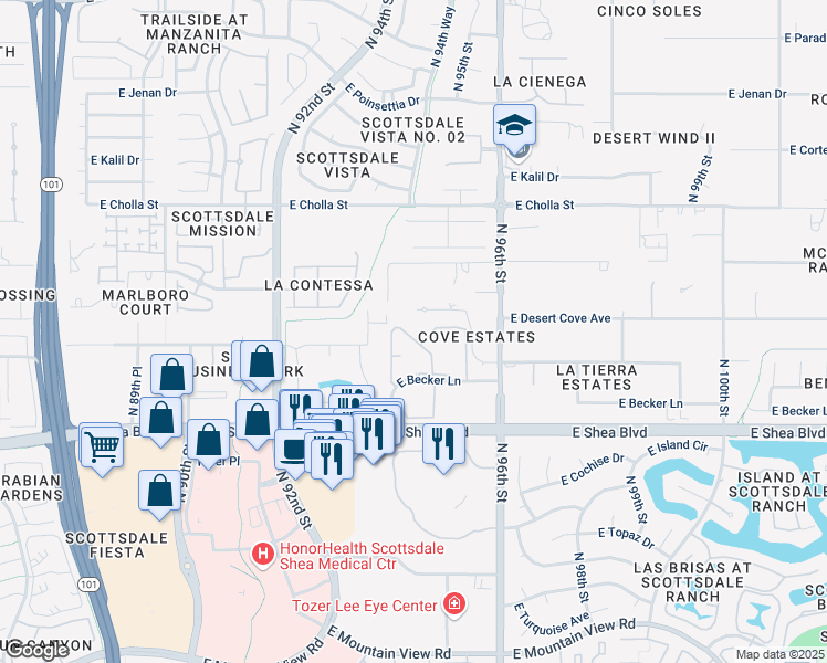 map of restaurants, bars, coffee shops, grocery stores, and more near 9450 East Becker Lane in Scottsdale