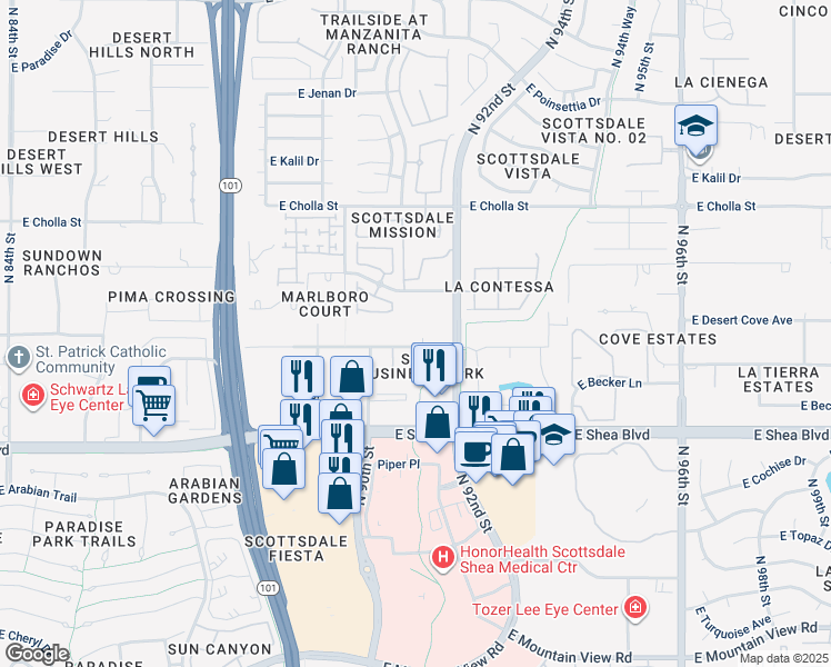 map of restaurants, bars, coffee shops, grocery stores, and more near 9097 East Desert Cove Avenue in Scottsdale