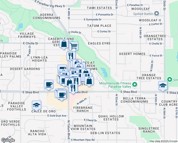 map of restaurants, bars, coffee shops, grocery stores, and more near 5122 East Shea Boulevard in Scottsdale