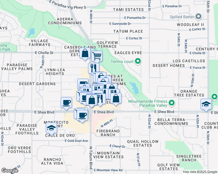 map of restaurants, bars, coffee shops, grocery stores, and more near 8550 East Desert Cove Avenue in Phoenix