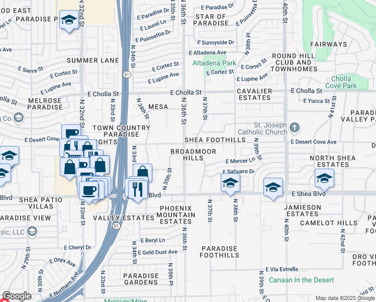 map of restaurants, bars, coffee shops, grocery stores, and more near 3616 East Mercer Lane in Phoenix