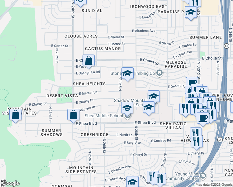 map of restaurants, bars, coffee shops, grocery stores, and more near 2631 East Christy Drive in Phoenix