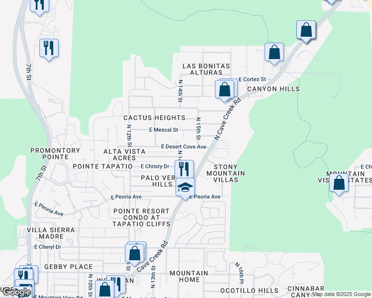 map of restaurants, bars, coffee shops, grocery stores, and more near 10840 North Cave Creek Road in Phoenix