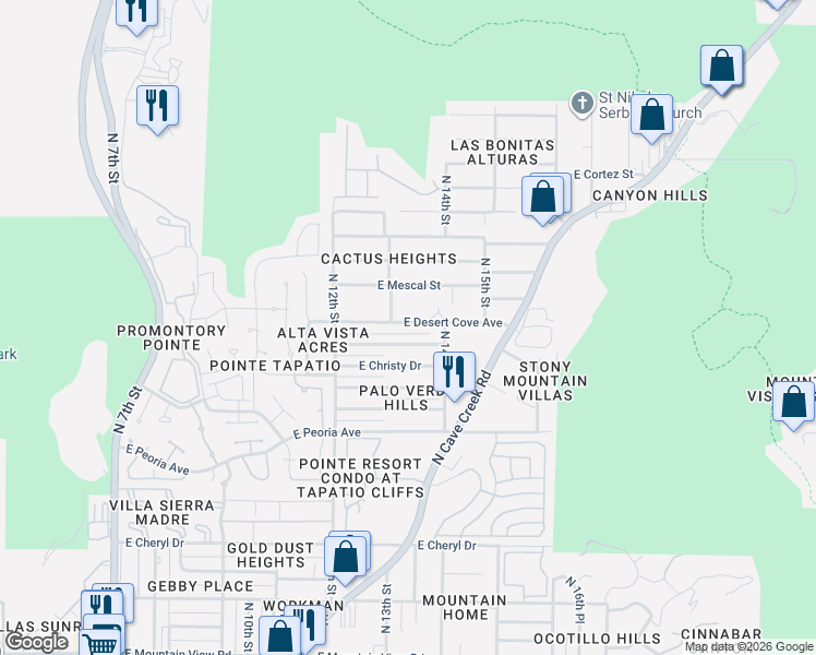 map of restaurants, bars, coffee shops, grocery stores, and more near 1333 East Mercer Lane in Phoenix
