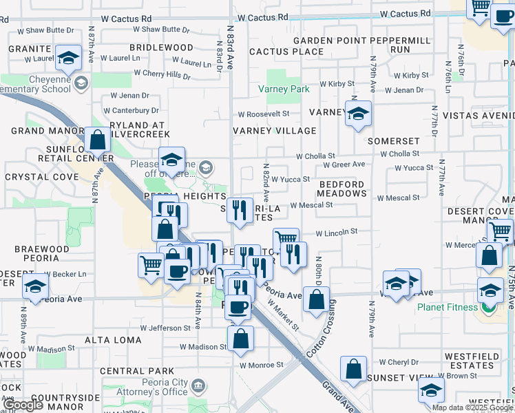 map of restaurants, bars, coffee shops, grocery stores, and more near 11113 North 82nd Drive in Peoria