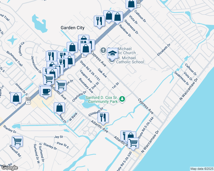 map of restaurants, bars, coffee shops, grocery stores, and more near 433 Pine Avenue in Murrells Inlet