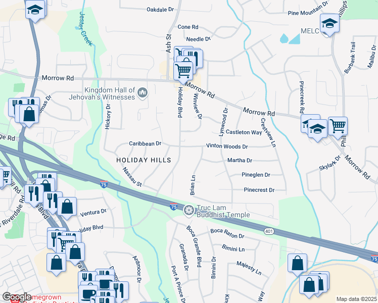 map of restaurants, bars, coffee shops, grocery stores, and more near 809 Vinton Woods Drive in Forest Park