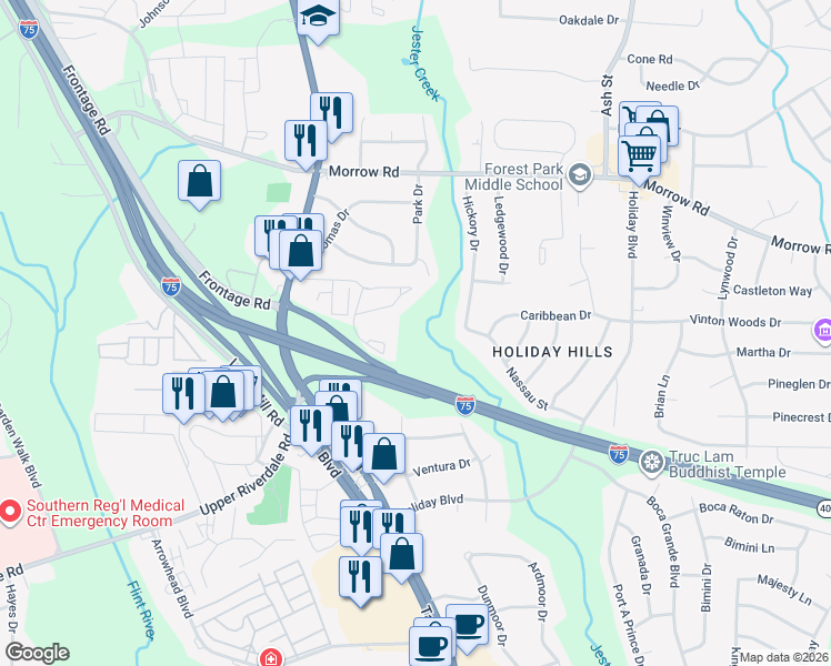 map of restaurants, bars, coffee shops, grocery stores, and more near 461 Old Dixie Way in Forest Park