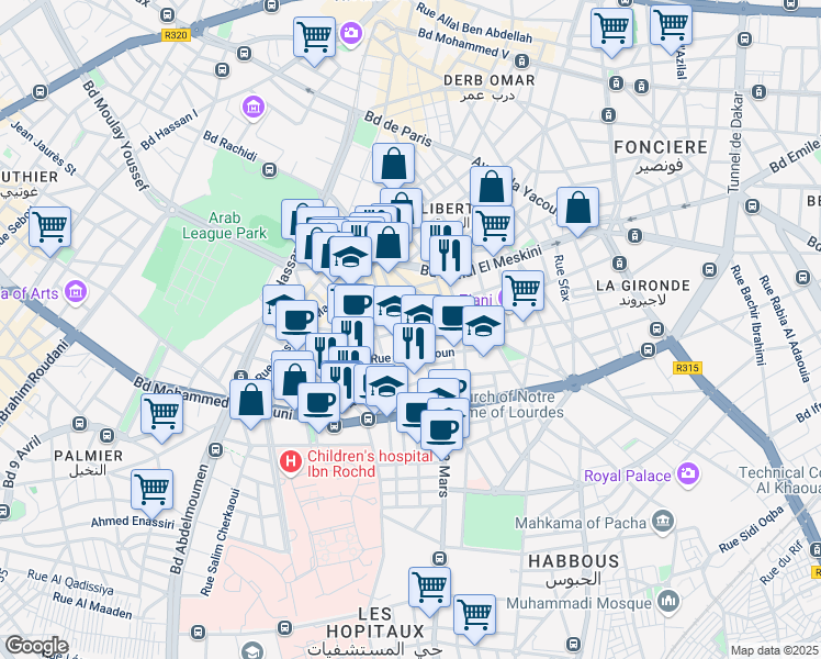 map of restaurants, bars, coffee shops, grocery stores, and more near Avenue Mers Sultan in Casablanca