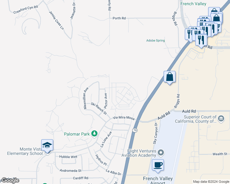 map of restaurants, bars, coffee shops, grocery stores, and more near 36567 Camino Springs Avenue in Murrieta