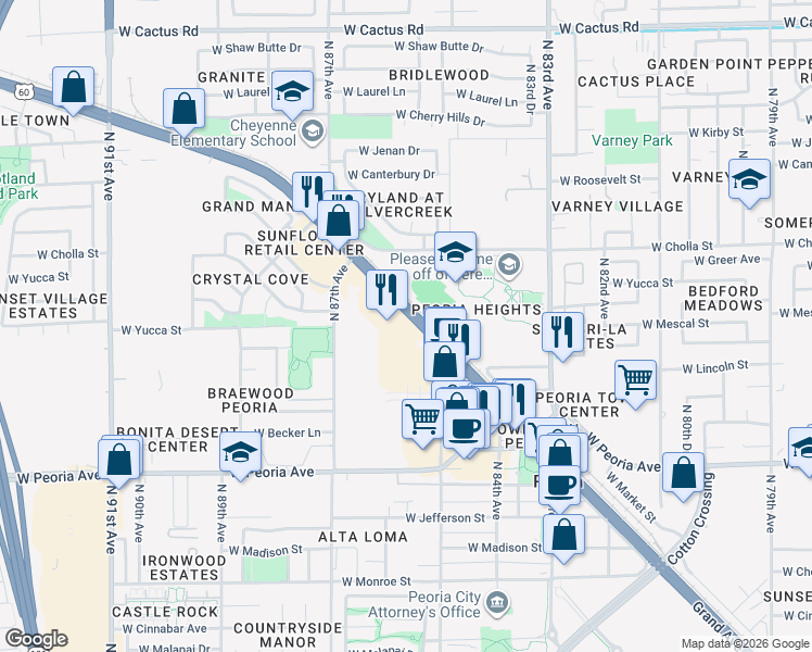 map of restaurants, bars, coffee shops, grocery stores, and more near 8525 NW Grand Ave in Peoria