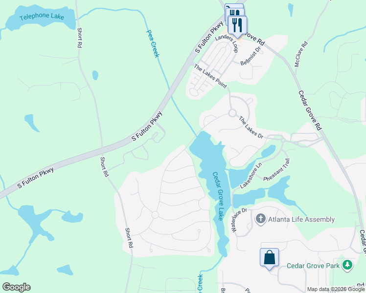 map of restaurants, bars, coffee shops, grocery stores, and more near 7793 The Lakes Drive in Fairburn
