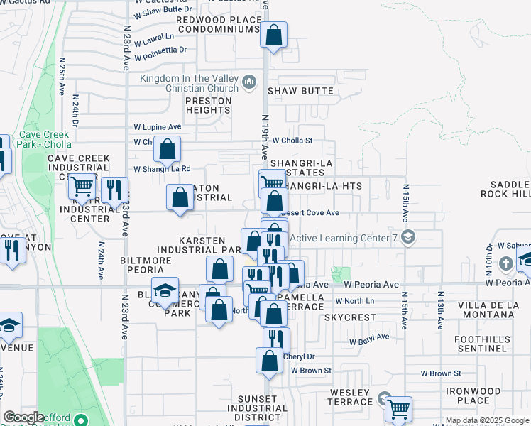 map of restaurants, bars, coffee shops, grocery stores, and more near N 19th Ave & W Desert Cove Ave in Phoenix